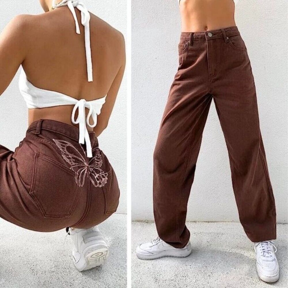 Tiger Mist Brown Straight Leg Jeans with Butterfly Embroidery